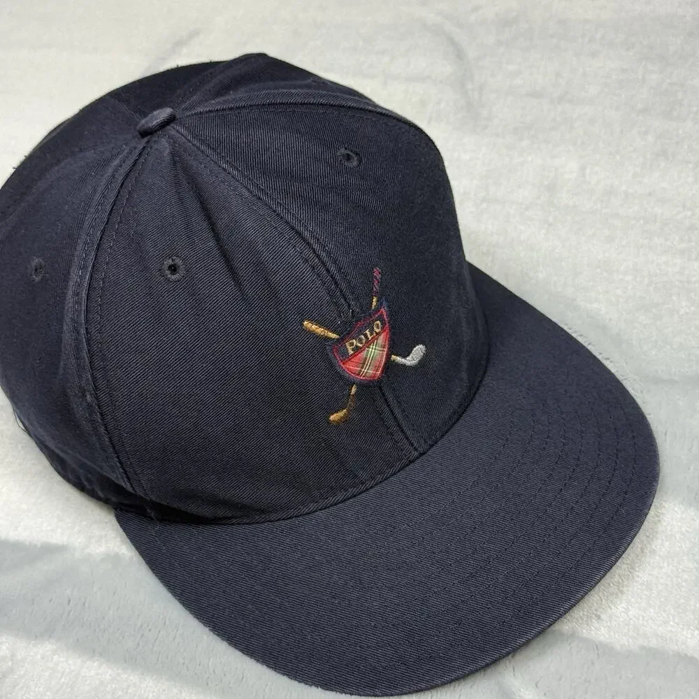 Vintage 90s Polo Ralph Lauren Golf Fitted Hat Navy Blue Plaid Crest Size Large